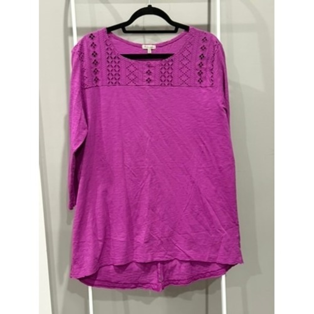 Mod-o-doc‎ Womens XL Magenta Slub Cotton Eyelet Lace Yoke Tunic Boho Cottagecore